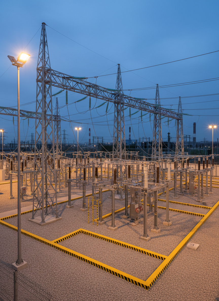 A high-voltage electrical substation at dusk rendered in crisp photographic realism, with neatly organized steel lattice structures, gleaming ceramic insulators, and thick power cables stretching between towering galvanized gantries. The ground is covered in clean, light-gray gravel, with clearly marked cable trenches and bright yellow safety barriers. Cool blue ambient light from the fading sky mixes with the warm glow of evenly spaced LED floodlights, creating subtle reflections on metal surfaces and long, soft shadows. Shot from a slightly elevated, wide-angle perspective, the composition follows the rule of thirds, emphasizing depth as the transmission lines recede into a softly blurred industrial landscape. The mood is professional, controlled, and highly engineered, conveying reliability and precision in modern electrical infrastructure.