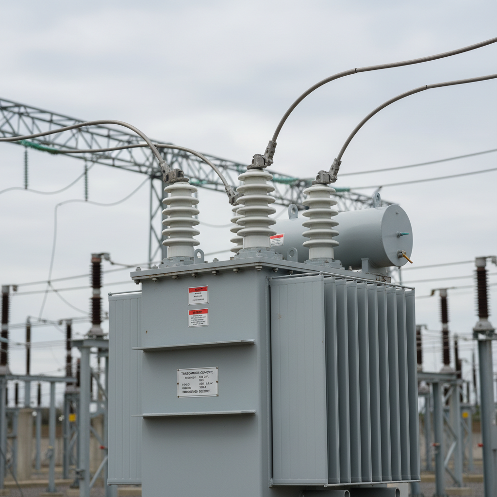 A close-up, photographic, highly detailed view of a modern three-phase power transformer in a substation yard, with smooth light-gray painted steel housing, crisp red and white labeling, and meticulously arranged bushings with polished porcelain insulators emerging from the top. Heavy, ribbed cooling radiators run along the side, catching soft, overcast daylight that creates even, diffused lighting with minimal harsh shadows. High-voltage cables arc gracefully from the bushings toward adjacent switchgear, while a neatly stenciled capacity plate is visible in sharp focus on the transformer’s front panel. Captured at eye level with a medium focal length, the composition isolates the transformer against a gently blurred background of gantries and wires, producing a clean, technical, and professional atmosphere that emphasizes robustness and industrial-grade reliability.