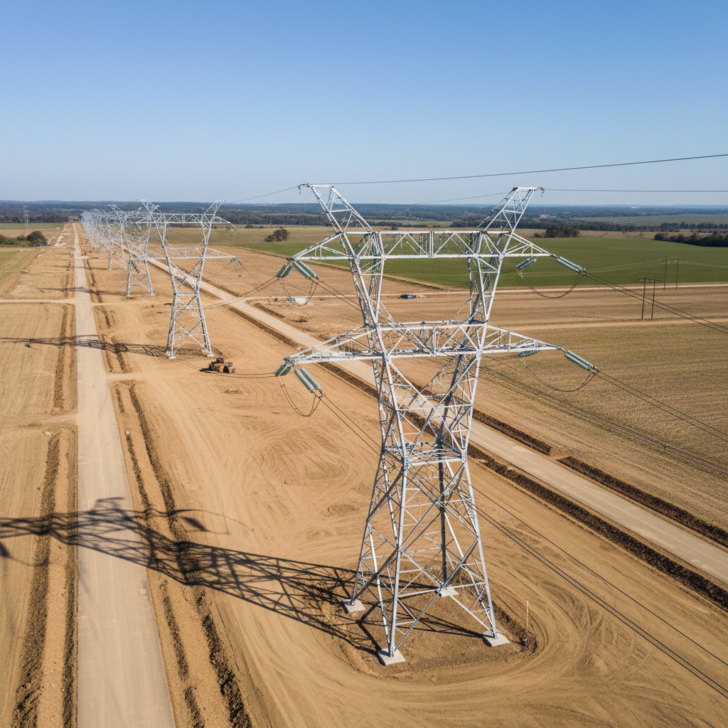 A detailed, photographic aerial view of a newly constructed transmission line corridor, with a series of tall, galvanized steel lattice towers marching in a gentle diagonal across a landscape of carefully graded earth and compacted access roads. High-voltage conductors hang in smooth, catenary curves, supported by glossy porcelain suspension insulators that catch midday sunlight. The sky is clear with a soft blue gradient, and the light creates crisp, clean shadows of the towers on the ground, enhancing the geometric rhythm of the structures. The composition is captured from a high, slightly angled drone perspective, maintaining sharp focus throughout to highlight the alignment accuracy and engineering precision. The atmosphere feels expansive, modern, and forward-looking, emphasizing large-scale HV line construction and professional project execution.