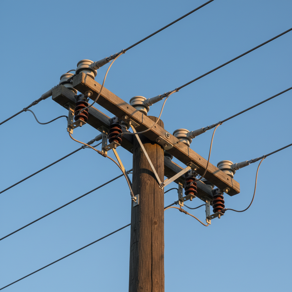 A close, photographic detail of a medium-voltage distribution pole-top assembly, showing a solid, treated wooden or concrete pole supporting crossarms with polymer insulators, surge arresters, and neatly tensioned conductors. Every metallic fitting, from hot-dip galvanized brackets to stainless-steel bolts, is rendered with realistic texture and subtle weathering. Soft late-afternoon sunlight illuminates the assembly from the side, creating gentle highlights along the insulators’ ribs and casting clean, defined shadows against a clear, slightly gradients blue sky. Shot from a low-angle perspective with a moderate telephoto lens, the composition isolates the pole and its components against the sky, emphasizing craftsmanship, safety clearances, and technical detail in overhead line work. The mood is calm, precise, and confidently professional, reflecting reliable distribution infrastructure.