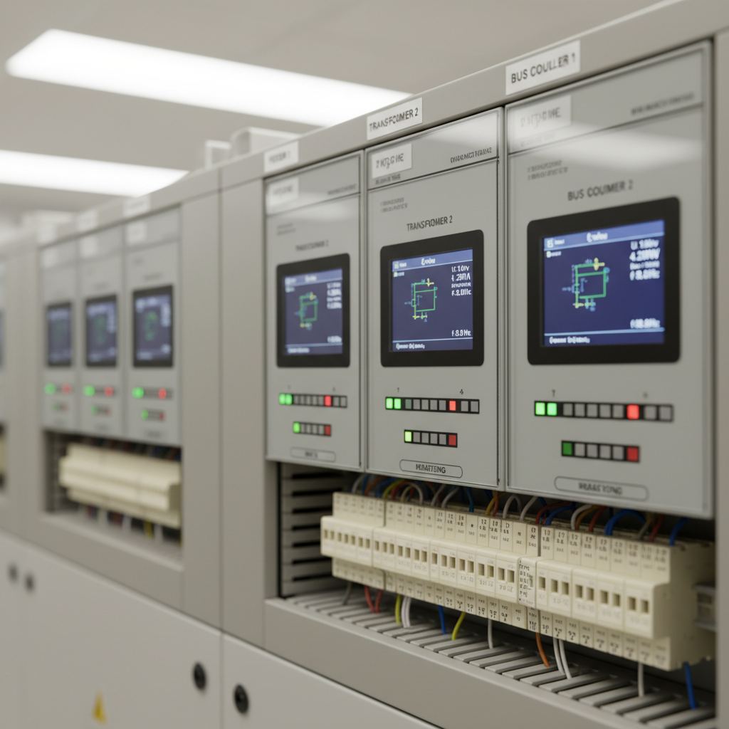 An interior, photographic scene of an HV/LV substation control and protection panel, focusing closely on a section of a modern, modular relay panel with color screens, status LEDs, and neatly labeled terminal blocks. The front plates are matte light gray with laser-etched identifiers, while the relay displays show simplified single-line diagrams and measurement values in crisp detail. The environment is lit with soft, neutral-white overhead lighting that reduces glare on the screens and creates subtle reflections on the protective glass. Shot at eye level with shallow depth of field, the nearest relays are in sharp focus while adjacent panels gently blur, emphasizing the featured equipment. The mood is technical, precise, and modern, reinforcing advanced protection, control, and monitoring capabilities in professional electrical contracting.
