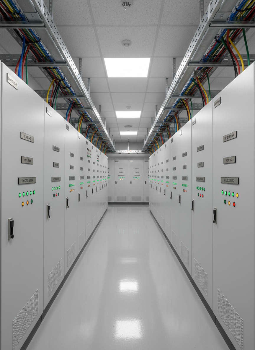 A meticulously organized low-voltage electrical control room in photographic realism, featuring a long row of pristine, light-gray metal switchgear cabinets with flush-mounted doors, engraved stainless-steel labels, and illuminated LED status indicators in green, amber, and red. The polished epoxy floor reflects the cool white light from evenly spaced recessed ceiling fixtures, creating a bright, evenly lit environment with minimal shadows. Cable trays in brushed aluminum run neatly overhead, with color-coded cables entering the top of each panel in precise, parallel lines. Shot from a central, eye-level perspective, the hallway of panels recedes into the distance, giving a strong sense of depth and order. The mood is highly professional, safe, and organized, conveying technical excellence in LV power distribution and control.